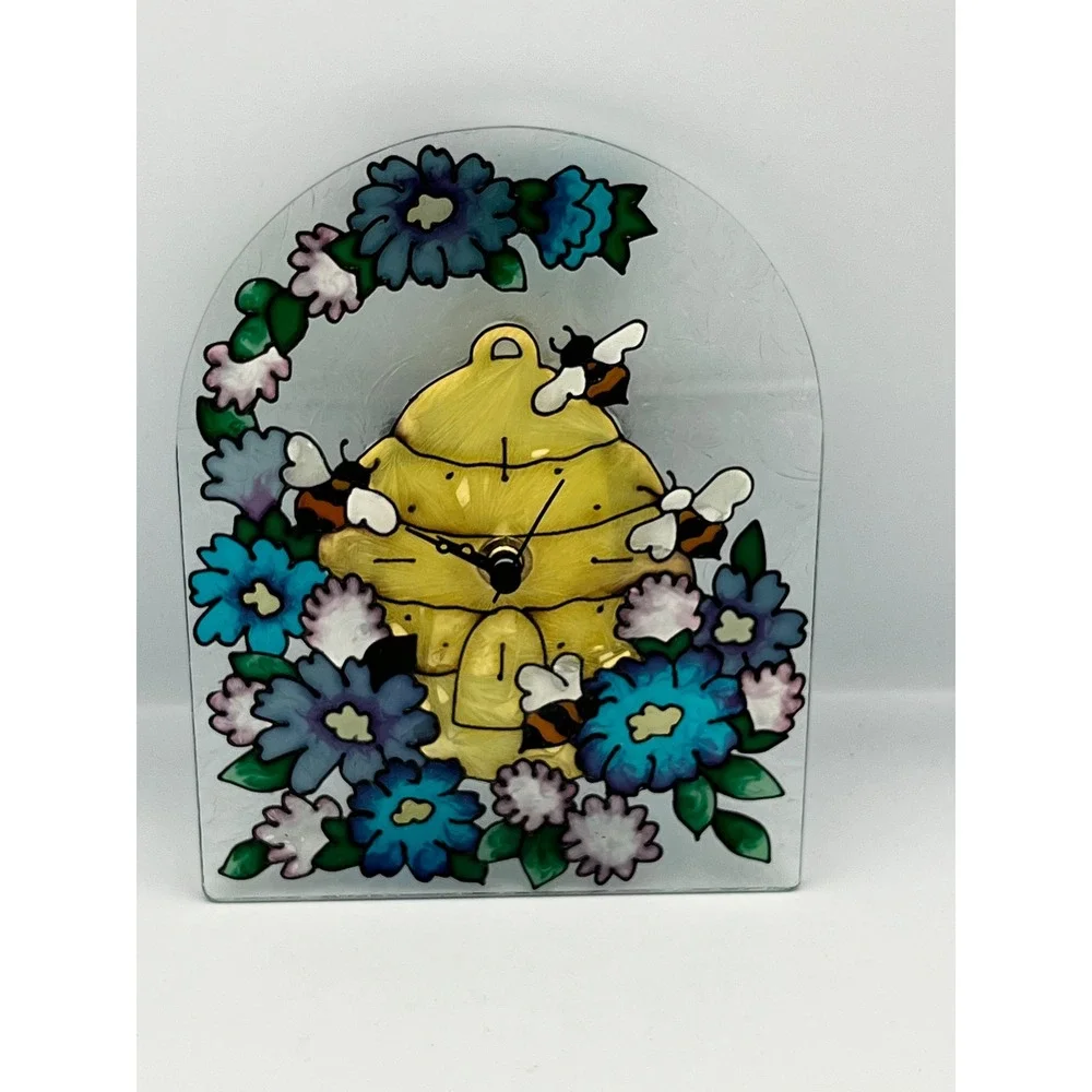 Glass Beehive Clock Floral‎ Design Tabletop Desk Accent Yellow Blue